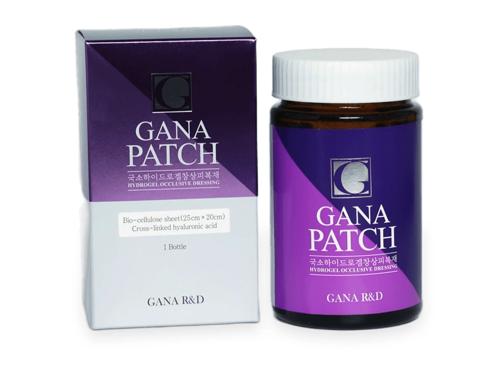 GANA PATCH hydrogel occlusive dressing — cartons and bottles labelled GANA R&D